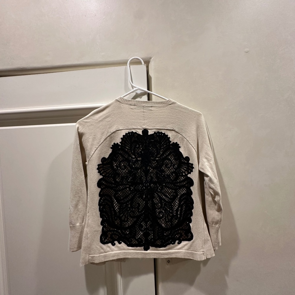 Black/White snap front cardigan sweater.  Lace back, Size XS, S